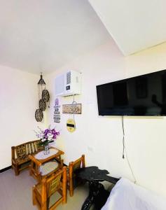 uma sala de estar com uma televisão, um sofá e uma mesa em Transient House Camarines Sur Pili em Pili