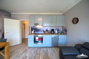 una cucina con armadi blu e piano cottura di Auszeit-im-Harz Haus 1 Wohnung Schnarcherklippe a Schierke