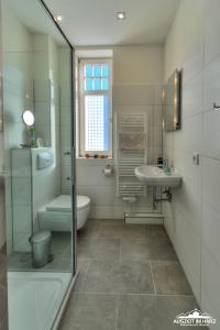 y baño con ducha acristalada y lavamanos. en Auszeit-im-Harz Haus 1 Wohnung Schnarcherklippe, en Schierke