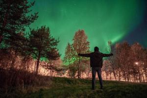 a man standing in a field looking up at the northern lights at Ivalo River Camping in Ivalo