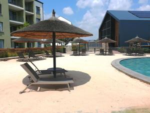 a group of chairs and umbrellas next to a pool at Greencreek Beautifully furnished apartment in Pretoria