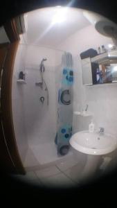 een badkamer met een douche en een wastafel bij Monolocale 3 letti con cucina e parcheggio gratuito in Candela