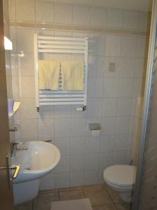 a bathroom with a sink and a toilet and a window at Gasthaus Hingerl in Obing