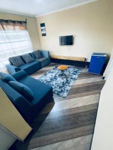 ein Wohnzimmer mit einem blauen Sofa und einem TV in der Unterkunft Cozy House, Quiet Area Kimandolu in Arusha