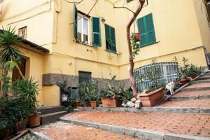 ein gelbes Gebäude mit grünen Fensterläden und Pflanzen in der Unterkunft Patty s home in Genua