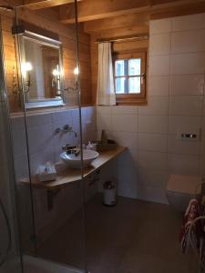 フュッセンにあるRotes Haus Füssen Apartment Romantikのバスルーム(洗面台、ガラス張りのシャワー付)