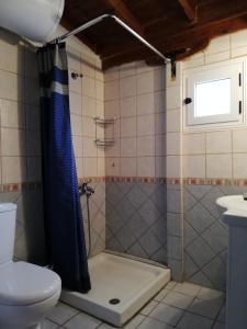 um chuveiro com uma cortina de chuveiro azul na casa de banho em Quiet Agricultural Guesthouse em Komílion