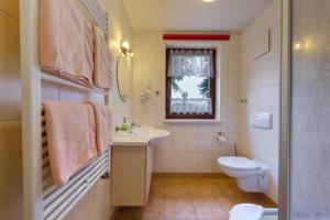 ein Bad mit einem Waschbecken, einem WC und einem Fenster in der Unterkunft Hotel Dachsbaude & Kammbaude in Seiffen