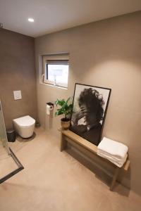 een badkamer met een toilet en een foto aan de muur bij Volendam Lakeside Retreat - 20 min from Amsterdam in Volendam