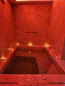 a bath tub with lights in a red room at LUXUITE Spa con Piscina o Jacuzzi in Alberobello