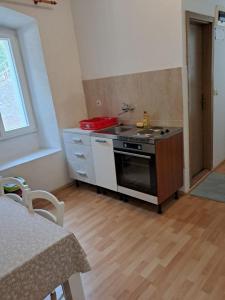 a small kitchen with a stove and a sink at Studio Apartman Ivanka in Orebić