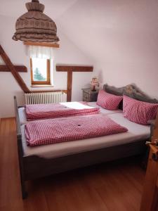 1 Schlafzimmer mit 2 Betten mit roten und weißen Kissen in der Unterkunft Berggasthaus & Pension Schöne Aussicht in Klingenthal