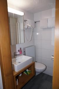 ein Badezimmer mit einem Waschbecken, einem WC und einem Spiegel in der Unterkunft Gasthaus zum Sternen in Andermatt