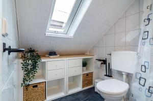 a bathroom with a toilet and a skylight at Opitz in Allensbach