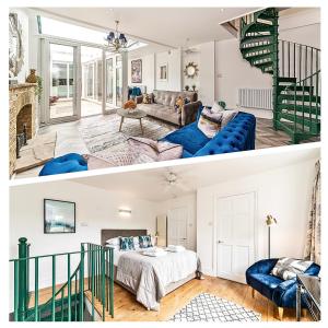 two pictures of a living room and a bedroom at The Secret KENSINGTON Garden Mews-2 Bedroom FULL HOUSE-2 Train Lines- SPACIOUS-Kings Road- Harrods -Chelsea Stadium-PRIVATE small patio in London