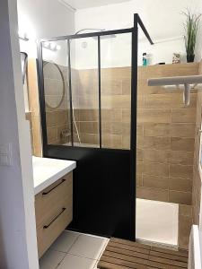 um chuveiro com uma porta de vidro na casa de banho em Bel appartement proche du centre ville em Montpellier