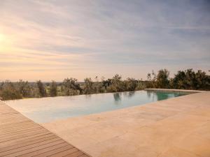an infinity pool with a wooden floor and a wooden deck at Podere le Mezzelune in Bibbona