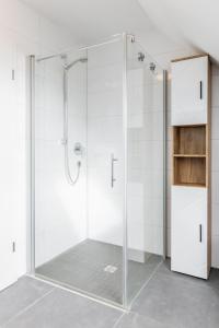 a shower with a glass door in a bathroom at Gemütliche Penthouse-Wohnung I Jacuzzi I Gasgrill in Rheda-Wiedenbrück