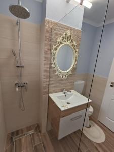 y baño con lavabo y espejo. en Ingrid Residence, en Ocna-Mureşului