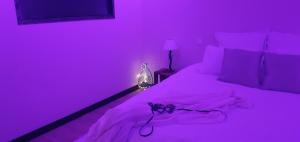 een paarse slaapkamer met een groot bed met paarse verlichting bij La Vallée Douce 