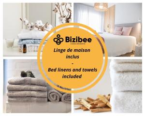 a collage of three pictures of a bedroom with towels at Boudoir - Spa & Chateau Fontainebleau in Avon