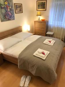 ein Schlafzimmer mit einem Bett mit Handtüchern darauf in der Unterkunft Apartmán Astor in Špindlerův Mlýn