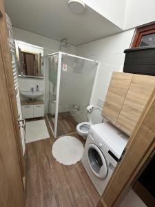 Un baño con lavadora y un inodoro. en dom pri X Bionic Sphere s bazenom a zahradou, en Kalinkovo