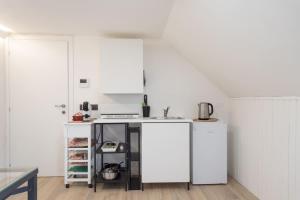 una cucina con pareti bianche e frigorifero bianco di Motor Valley PentHouse - B&B Al Caminetto a Modena