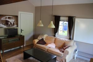 a living room with a couch and a tv at Blockhouse Nicks Lodge in Hatten