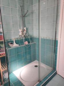 een douche met een glazen deur in de badkamer bij Maison Pornichètine classée 3 étoiles à 700m plage a pieds in Pornichet