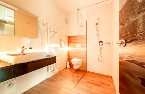 a bathroom with a sink and a toilet and a shower at Panorama Hotel Traunstein in Altmünster