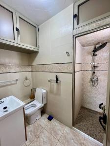 e bagno con doccia, servizi igienici e lavandino. di Refined Me Apartment Bb a Casablanca