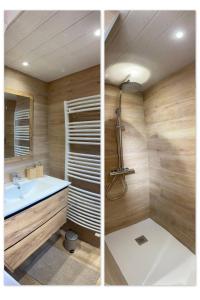 - deux photos d'une salle de bains avec douche et lavabo dans l'établissement Gite Le Jardin des 4m, à Saint-Régis-du-Coin