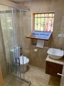 een badkamer met een toilet, een wastafel en een raam bij Selanik Pansiyon in Selcuk
