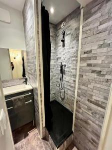 a shower in a bathroom with a stone wall at Au ColbVert in Lille