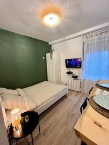 Cette chambre comprend un lit et un mur vert. dans l'établissement Au ColbVert, à Lille