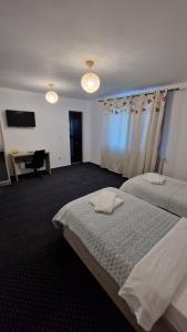 a bedroom with two beds and a desk in it at Casa Soficu in Iaşi