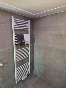 a bathroom with a towel rack in a shower at Hotel DreiKönig & Restaurant SeeGourmet in Hagnau