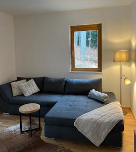 a living room with a blue couch and a window at Foxi apartment, Pohorje in Hočko Pohorje