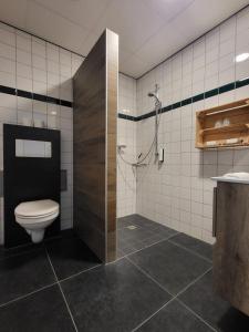 La salle de bains est pourvue d'une douche et de toilettes. dans l'établissement Landhotel Diever, à Diever
