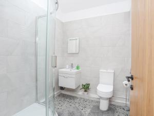 a bathroom with a toilet and a glass shower at Ty Den in Caernarfon +23 photos