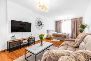 a living room with a couch and a tv at Amazing Apartment in the Heart of City Center - DELUX in Lublin