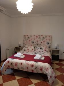 巴埃薩的住宿－VIVIENDA TURISTICA LA CASA DE BAEZA，一间卧室配有一张带粉红色床头板和毛巾的床。