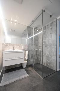 een badkamer met een douche, een toilet en een wastafel bij Lake View Suite Melide in Melide