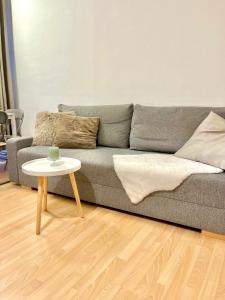 a living room with a gray couch and a table at Apartment Simona - Old Town in Bratislava