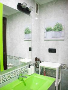 ein Badezimmer mit einem grünen Waschbecken und einem Spiegel in der Unterkunft Duplex Garonda in Pravia
