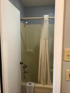 a shower with a shower curtain in a bathroom at Sky Inn Hotel in Birmingham