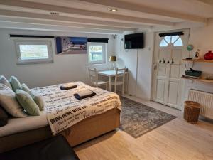 1 dormitorio con cama, mesa y escritorio en Villa Insulinde en Scheveningen
