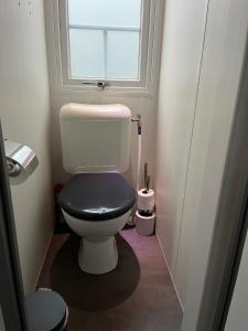 a small bathroom with a toilet with a window at Chalet vakantiepark Kleine Belties 18 in Hardenberg