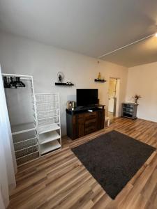 an empty living room with a tv and a rug at Renapartman in Pécs